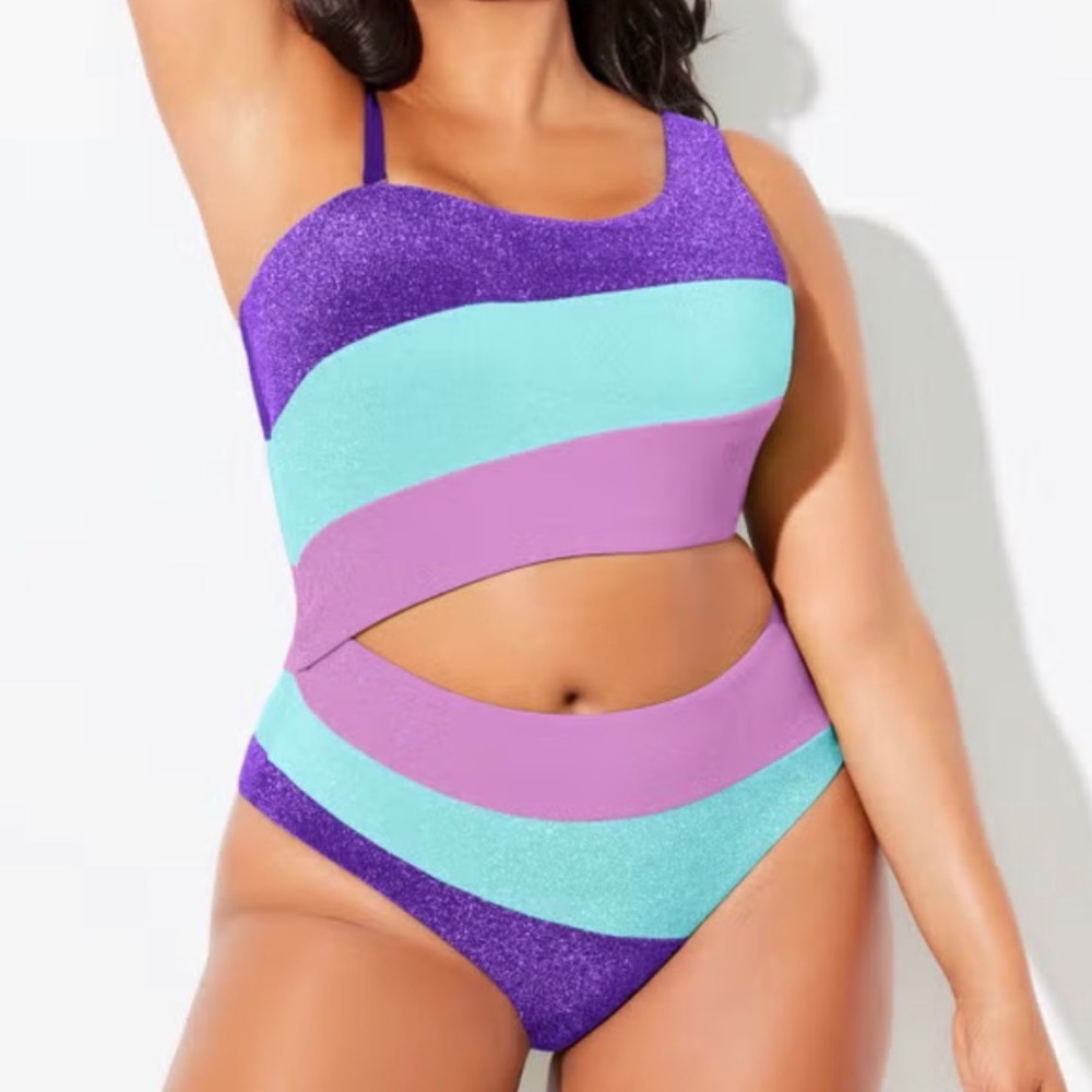 One Shoulder CutOut Sparkle Colorblock One Piece size 8 swimsuits for all